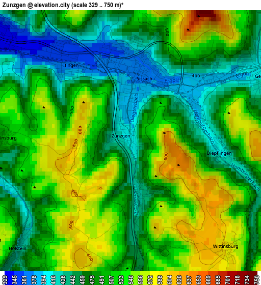 Zunzgen elevation map