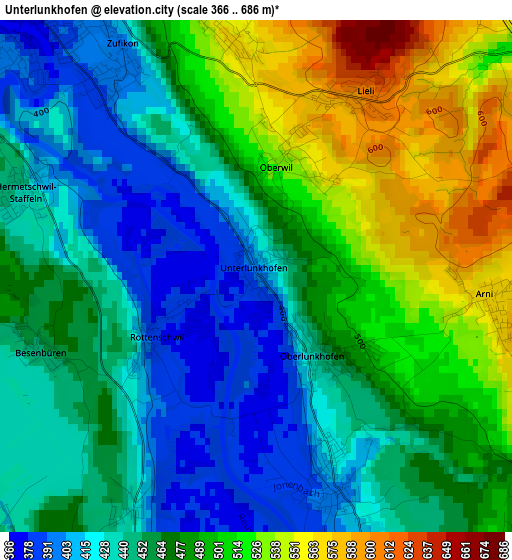 Unterlunkhofen elevation map