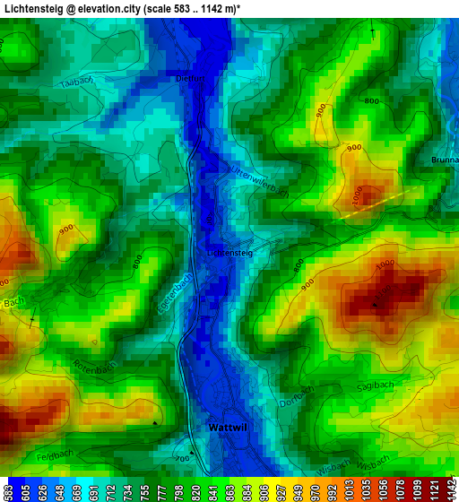 Lichtensteig elevation map