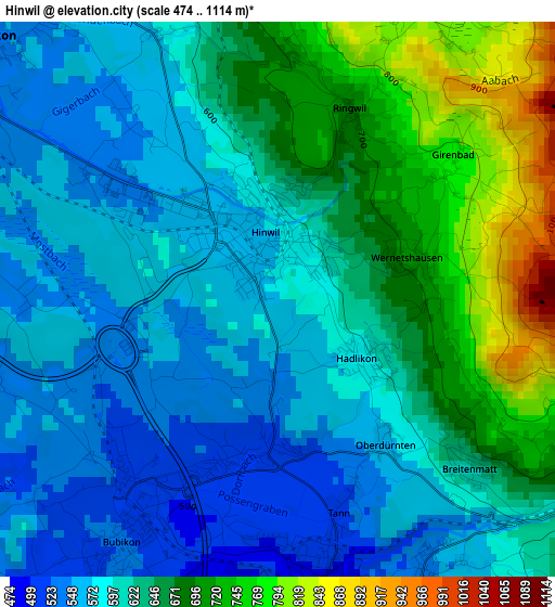 Hinwil elevation map