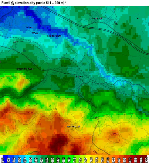 Flawil elevation map