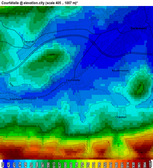 Courtételle elevation map
