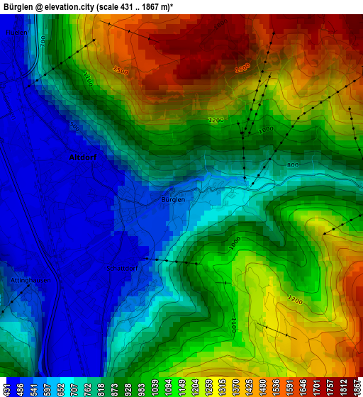 Bürglen elevation map