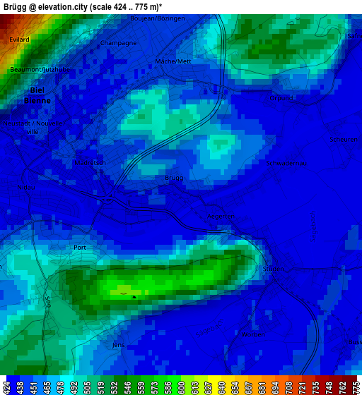 Brügg elevation map