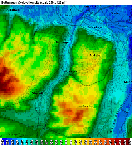 Bottmingen elevation map