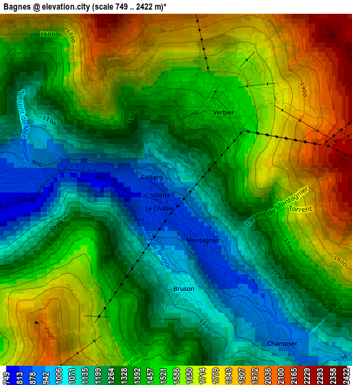 Bagnes elevation map