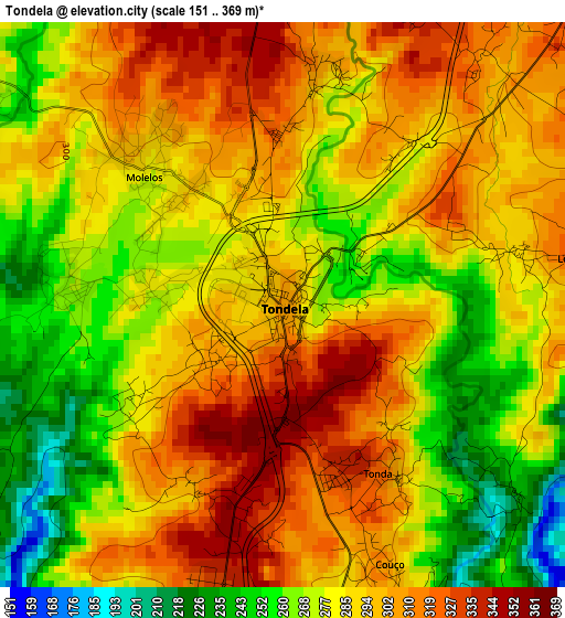 Tondela elevation map