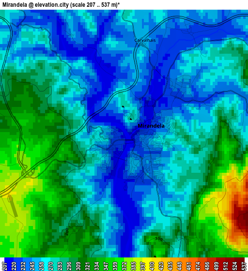 Mirandela elevation map