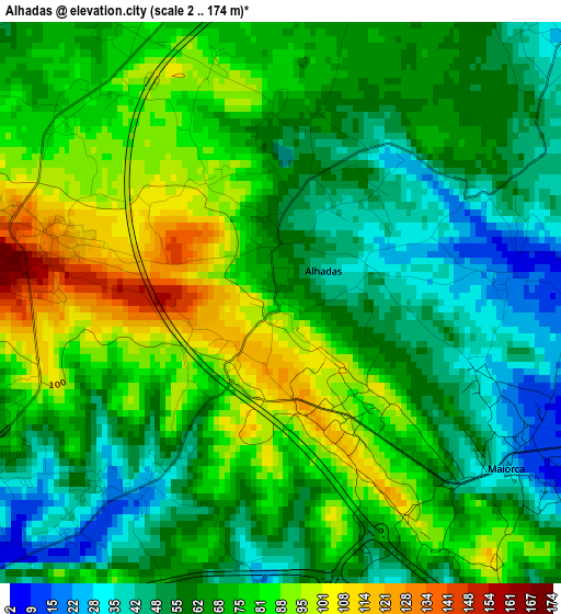 Alhadas elevation map