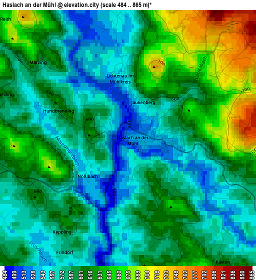 Haslach an der Mühl elevation map