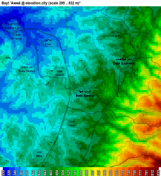 Bayt ‘Awwā elevation map