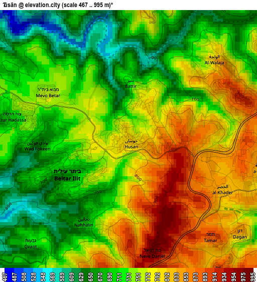 Ḩūsān elevation map