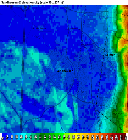 Sandhausen elevation map
