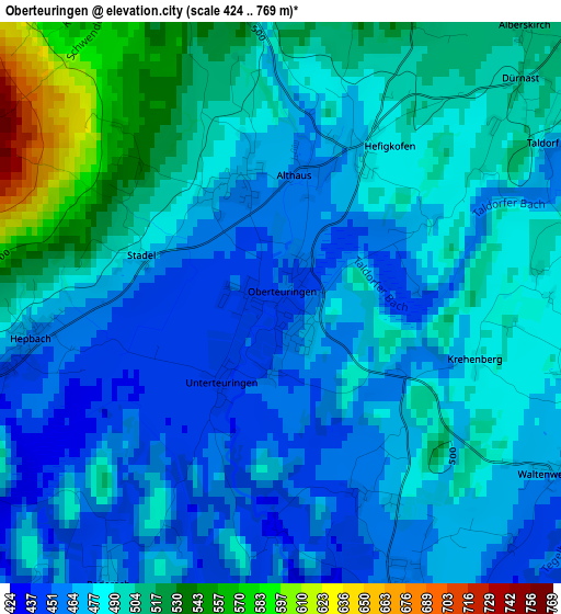 Oberteuringen elevation map