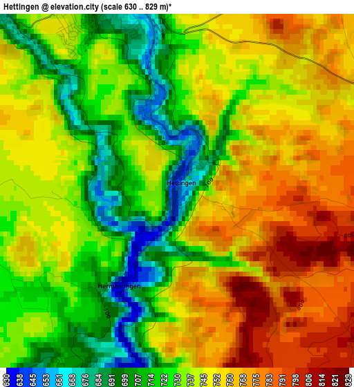 Hettingen elevation map