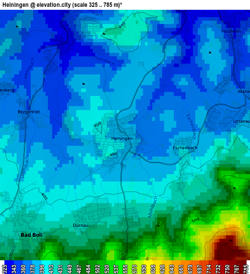 Heiningen elevation map