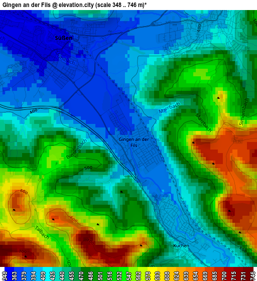 Gingen an der Fils elevation map