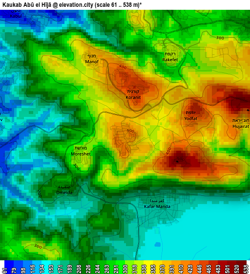 Kaukab Abū el Hījā elevation map