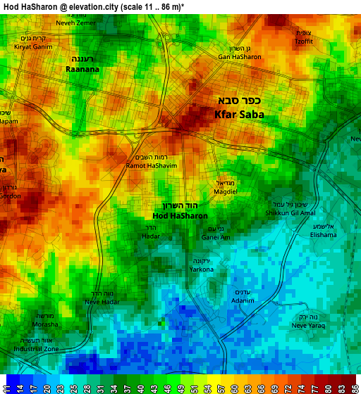 Hod HaSharon elevation map