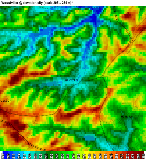 Woustviller elevation map