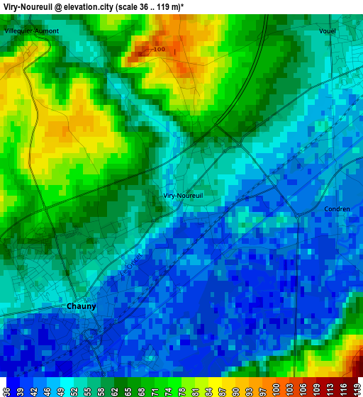 Viry-Noureuil elevation map