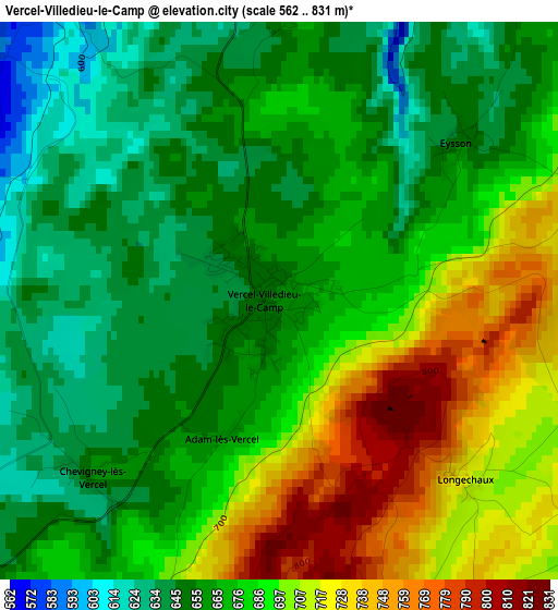 Vercel-Villedieu-le-Camp elevation map