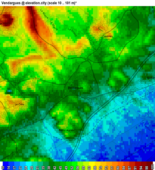 Vendargues elevation map