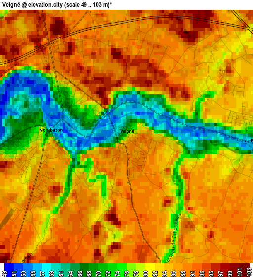 Veigné elevation map