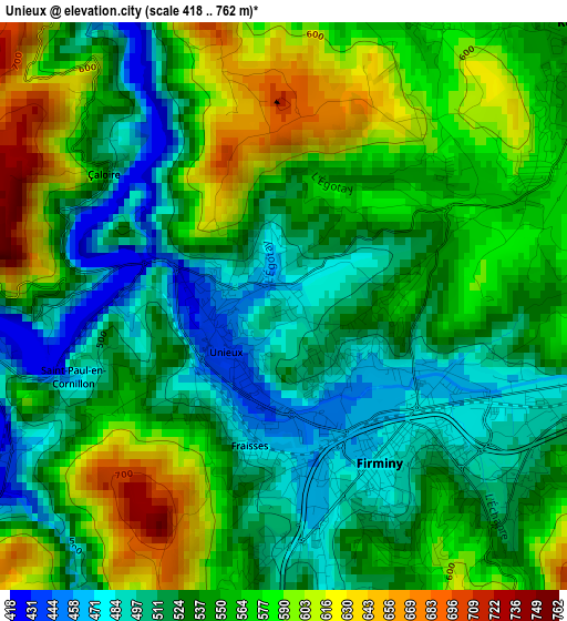 Unieux elevation map