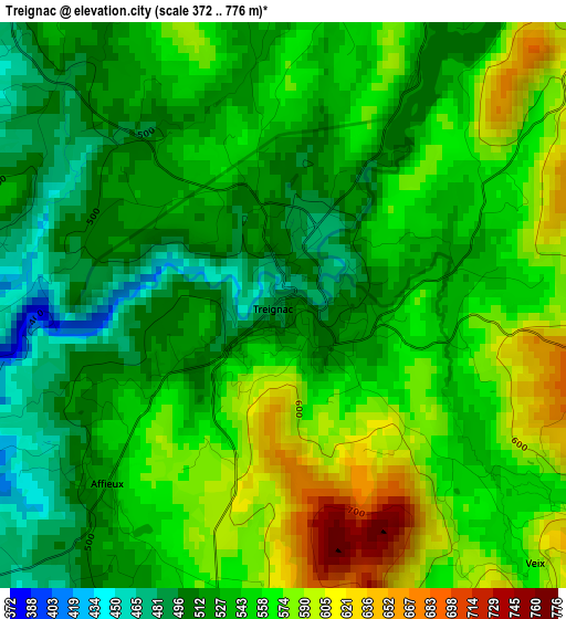 Treignac elevation map