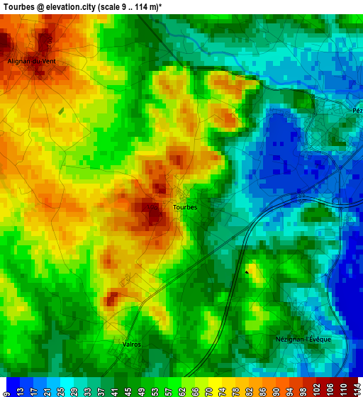 Tourbes elevation map