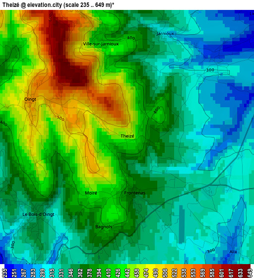 Theizé elevation map