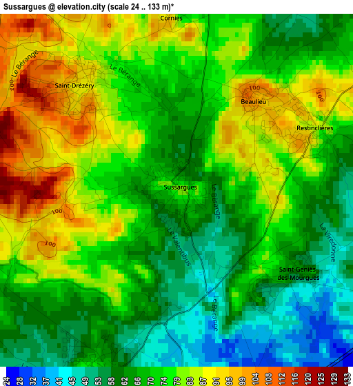 Sussargues elevation map