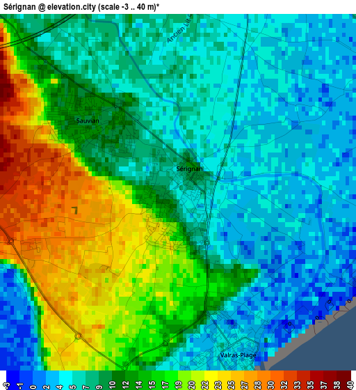 Sérignan elevation map