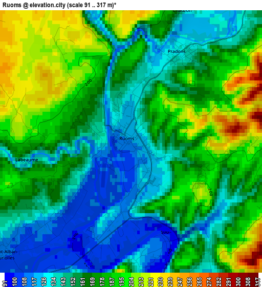 Ruoms elevation map