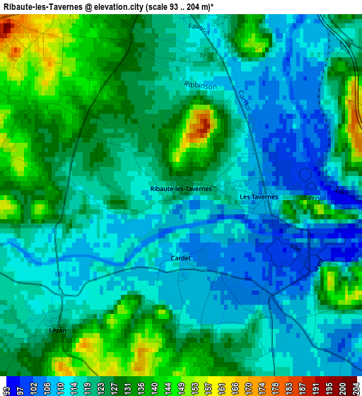Ribaute-les-Tavernes elevation map