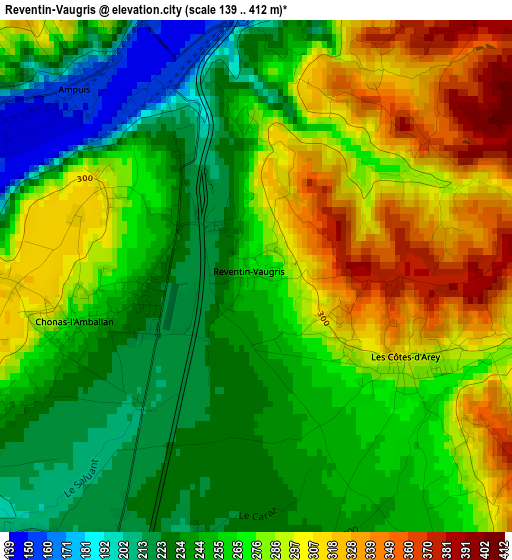 Reventin-Vaugris elevation map