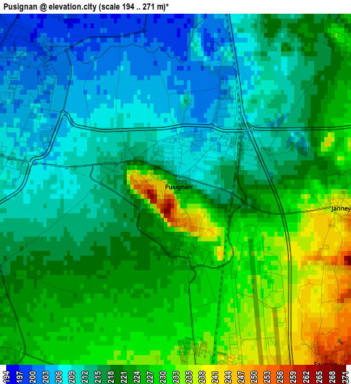 Pusignan elevation map