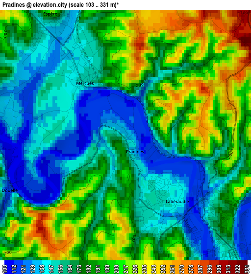 Pradines elevation map