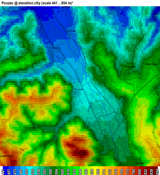 Pouzac elevation map