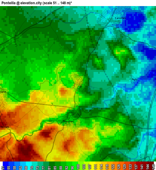 Ponteilla elevation map