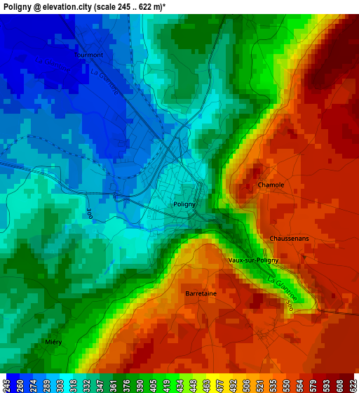 Poligny elevation map