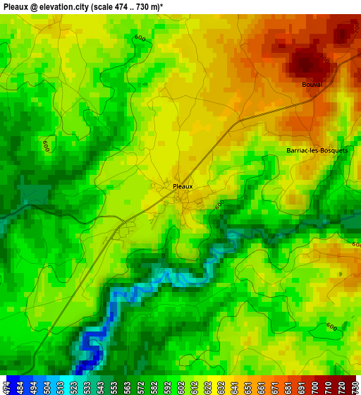 Pleaux elevation map