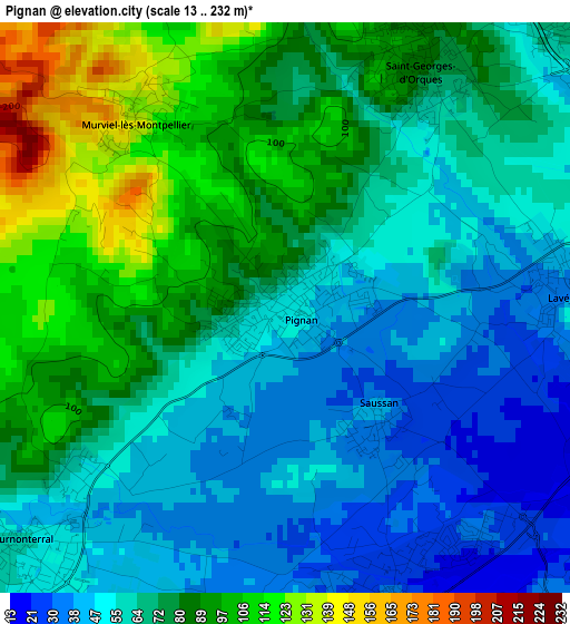 Pignan elevation map