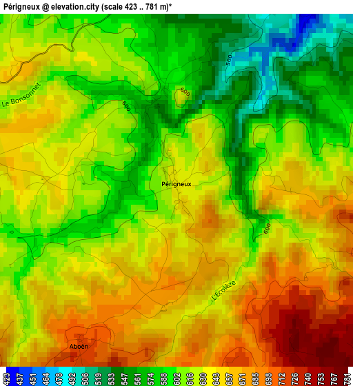 Périgneux elevation map