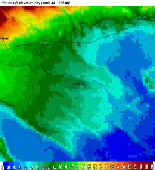 Pépieux elevation map