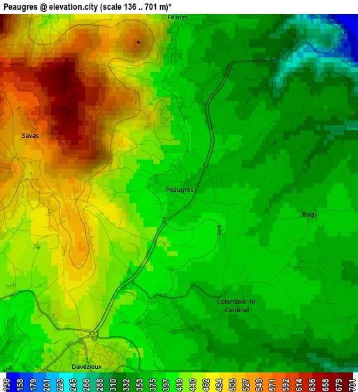 Peaugres elevation map