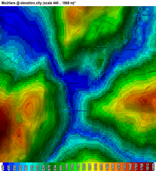 Moûtiers elevation map