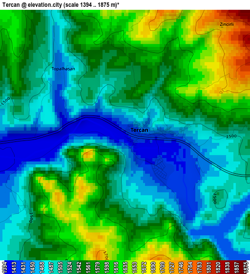 Tercan elevation map