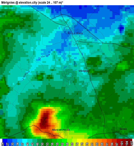 Mérignies elevation map